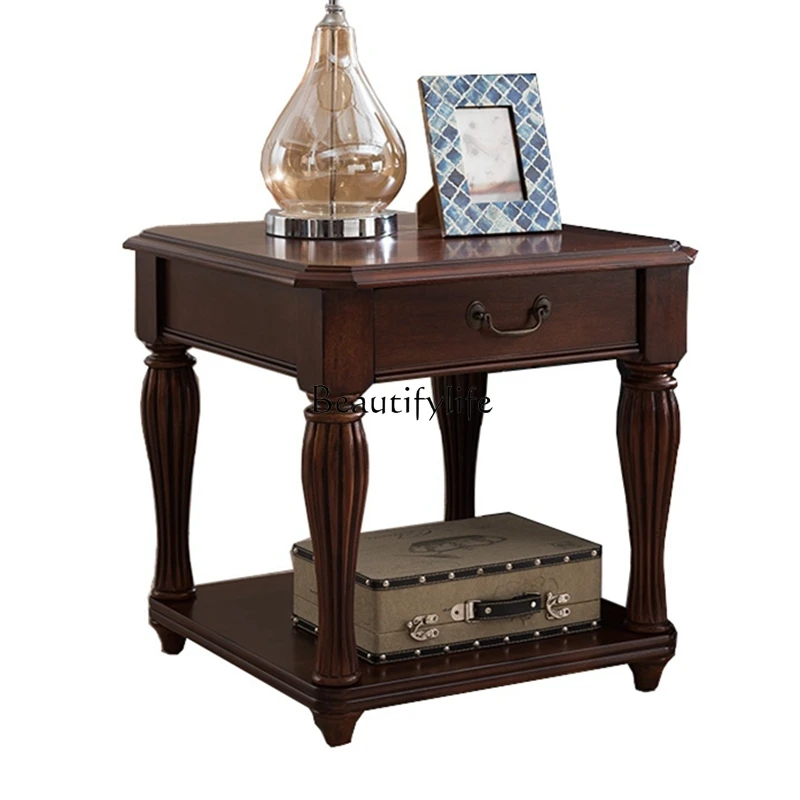 

Sofa corner table American coffee table set Solid wood edge table, retro small side table