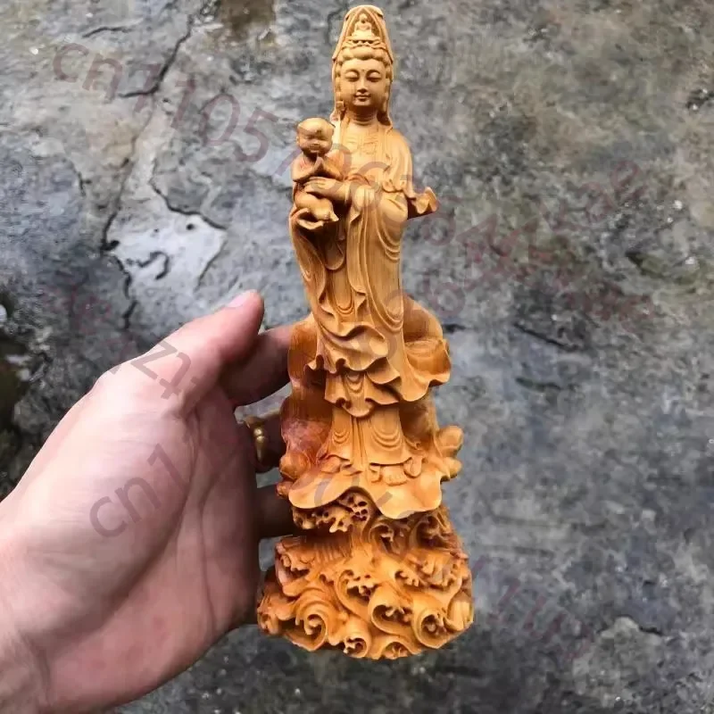 Guanyin Statue for Good Pregnancy & Protection - Wooden Buddha Sculpture Brings Baby Blessing & Peace, Meaningful Gift for Expec