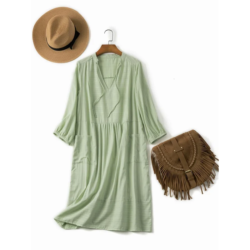 NUOVO-Donna scollo a V in cotone casual allentato tunica a trapezio grembiule abiti estivi abito da vacanza tasca manica 3/4