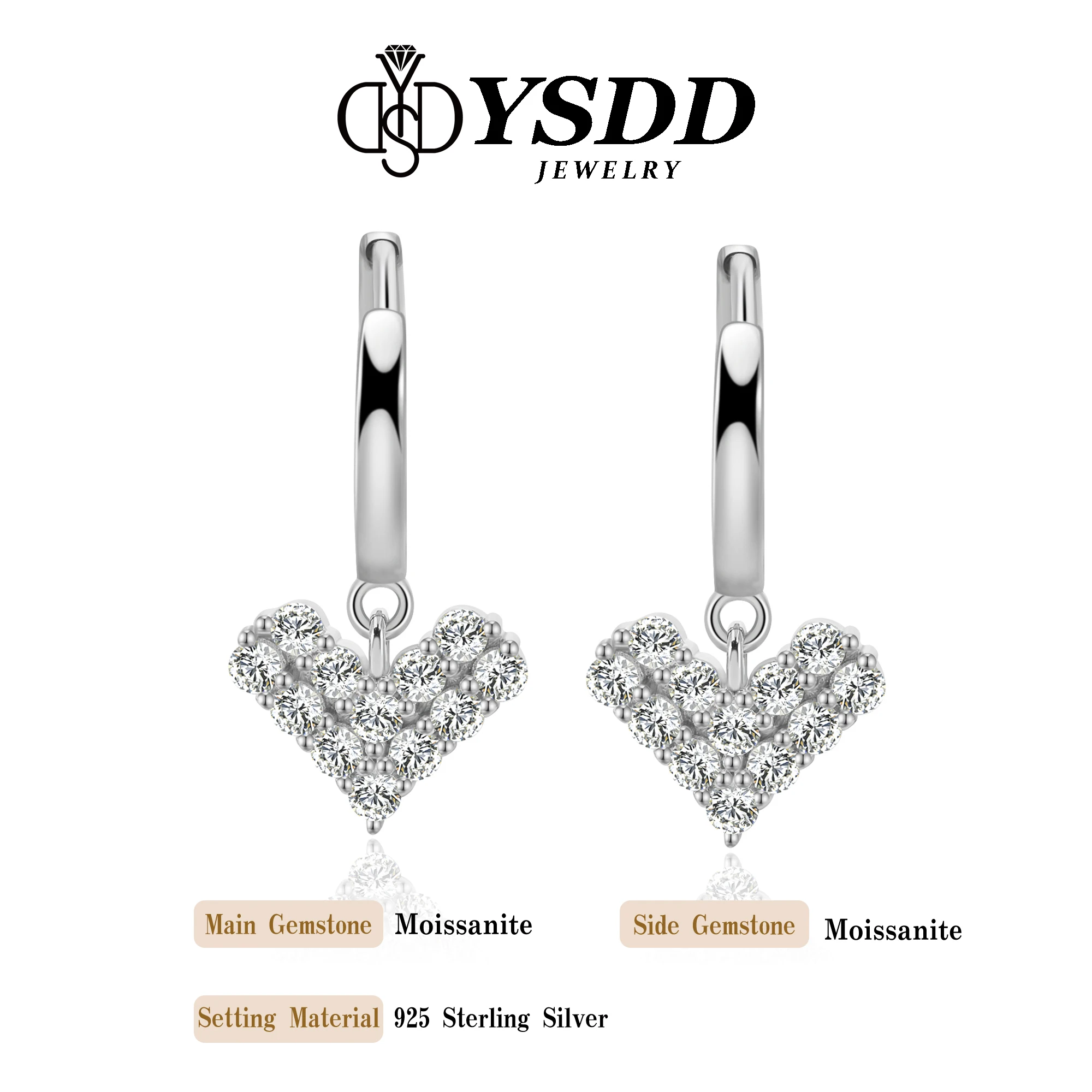 # 309 YSDD ของแท้แฟชั่น 12 D สี VVS1 Moissanite รูปหัวใจผู้หญิงต่างหูประณีตเครื่องประดับที่มีใบรับรอง