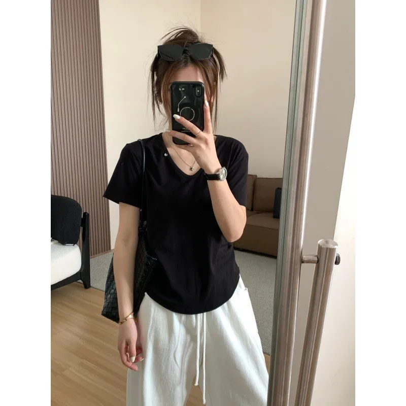 Slimming Heart Collar ort Sve T-irt Women Summer Waist Cinched Pleated Casual All-Match  Color Asymmetrical Top