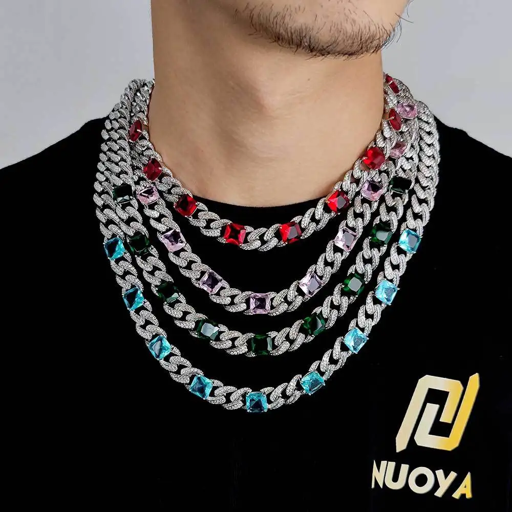 Gold Cuban Link Chain 24k Hip Hop 9 12mm Colored Gemstones Jewelry Cuban Micro-set Zircon Personality  Hiphop