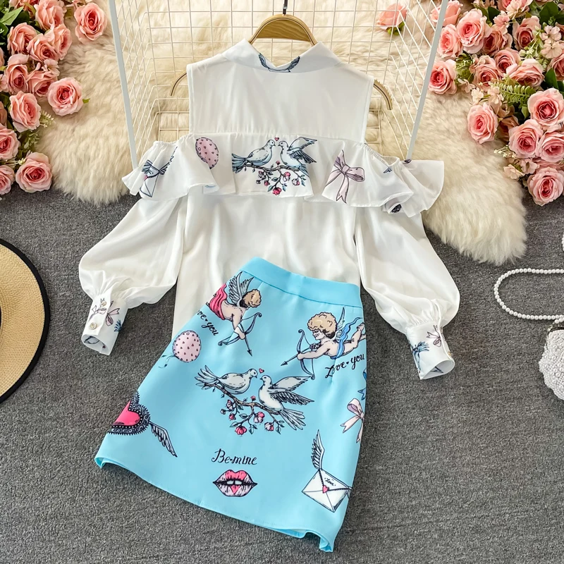 우아한 럭셔리 프린트 디자인 정장 포멀 비즈니스 OL 오피스 세트 탑 셔츠 블라우스 스커트 의상 디너 연회 파티 세트