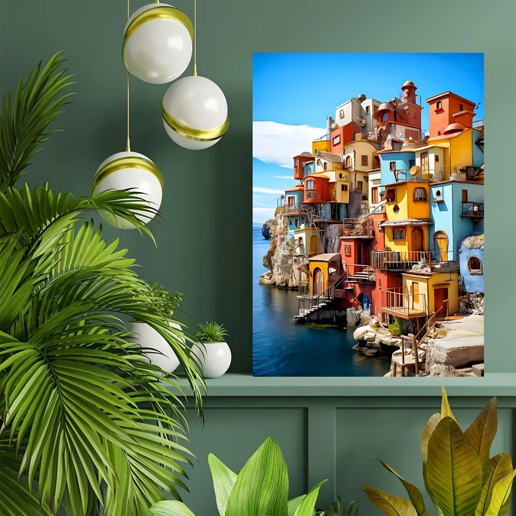 Colorful Cliffside Town Art Jigsaw Puzzle Adult Vibrant Theme Intellectual Game Home Leisure Decorative Puzzle Toy