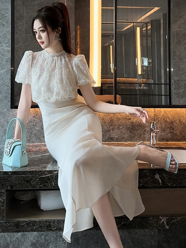 Elegant Style Long Date Dress Women Sweet Gentle Sheer Lace Spliced Sequins High Waist Fishtail Robe Female Party Vestidos Mujer