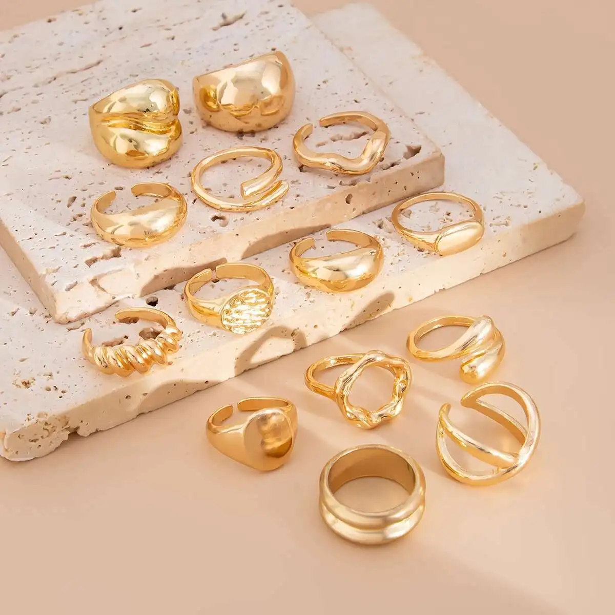 Salircon 14Pcs/Set Unique Creative Smooth Water Drop Rings for Women 2025 Punk Geometric Adjustable Finger Ring Couple Jewelry image 6