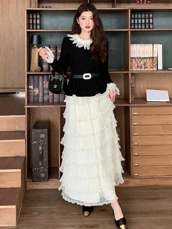 

Комплект из юбки с высокой талией и топа с круглым вырезом и рюшами, женская модная коллекция осень-зима, костюм из двух предметов