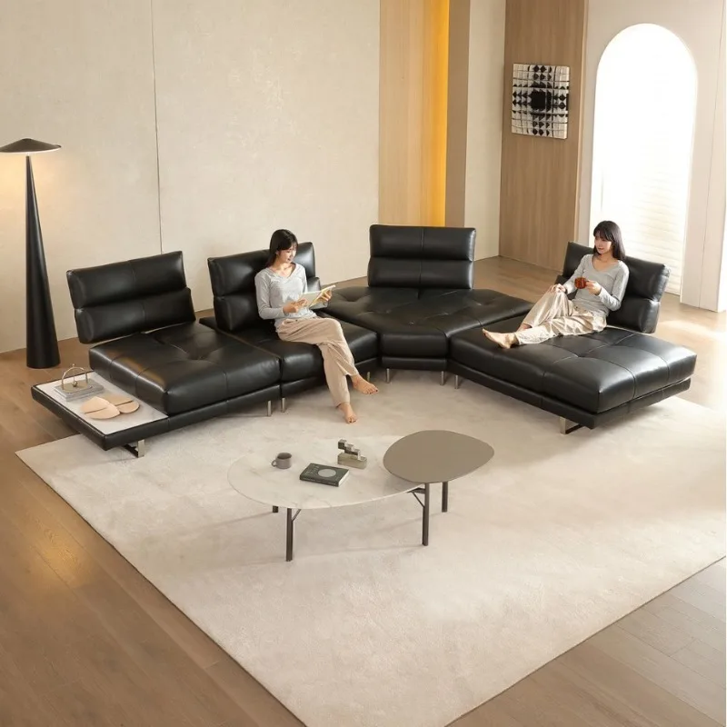 Foshan Furniture Miloti Full Semi-green Leather Sofa Living Room Movable Function High Backrest Roman Corner Sofa