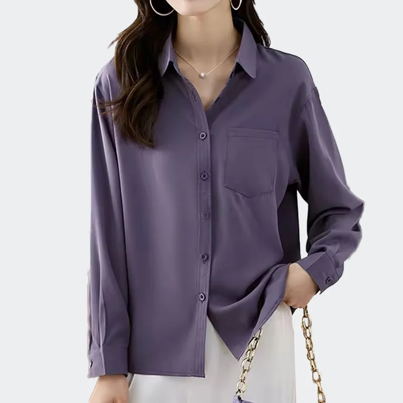 

Лесткая фиолетовая шифоновая рубашка для женщин | Универсальный топ с отложным воротником и карманом — одежда для офиса и уличной одежды
