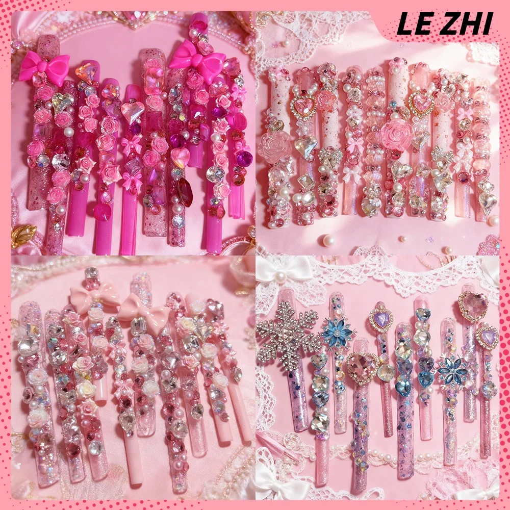 Europe America Xxl Super Long Square Stiletto Handmade Press On Nails 3D Flower Bowknot Rhinestone Pearl Snowflake Fake Nails