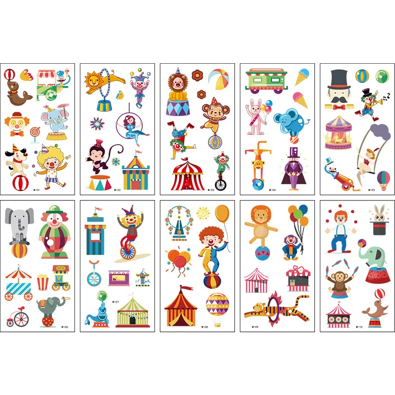 10 Pack Fake Tattoo Stickers Cartoon Temporary Tattoos Kids Arm Tattoos for Kids Circus Acrobatics Fun Party Tattoo Stickers