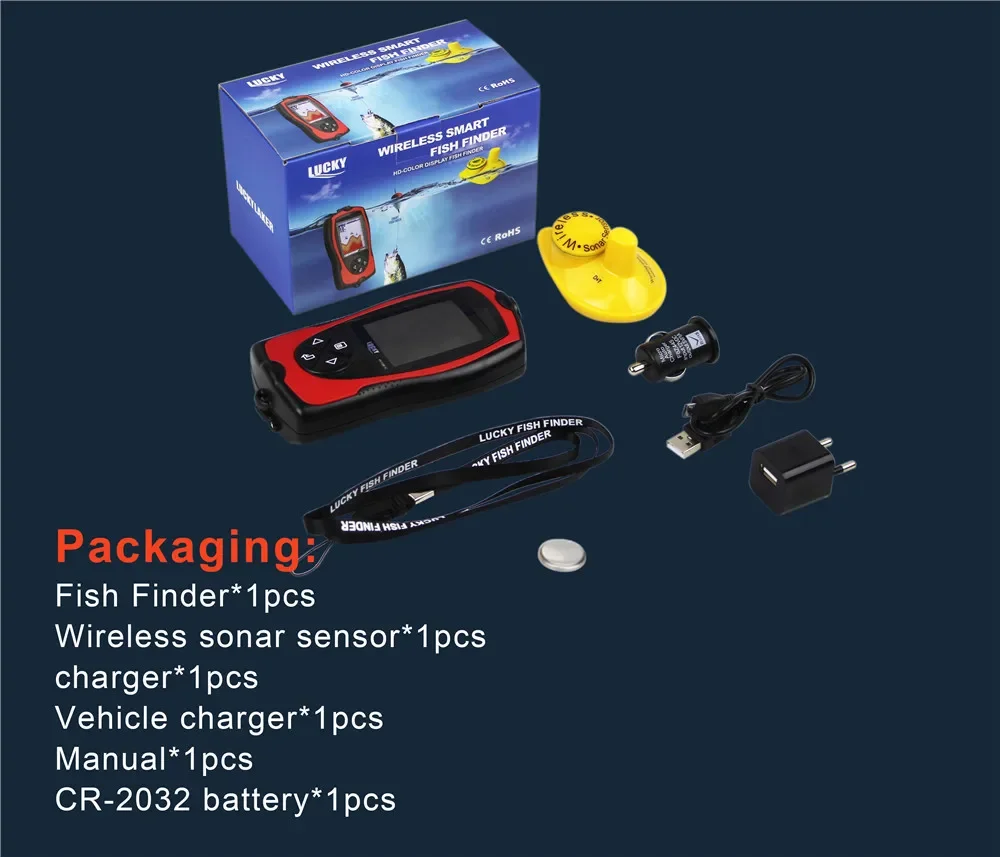 محظوظ FF1108-1CW المحمولة صياد السمك المدى 100 متر عمق 45 متر اللاسلكية السونار عمق أسلم القائمة الروسية صياد السمك الصيد