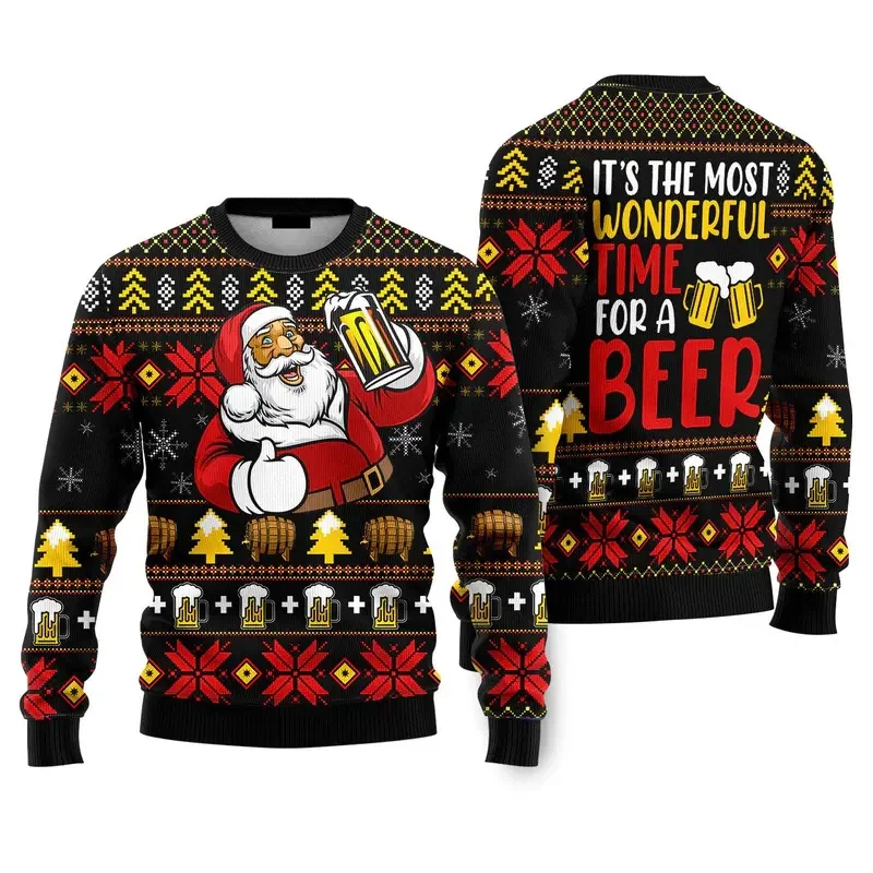 Funny Beer Santa Ugly Christmas Sweater Tops Men Merry Christmas Long Sleeves Pullovers 3d Printed New Year Oversized Sweatshirt