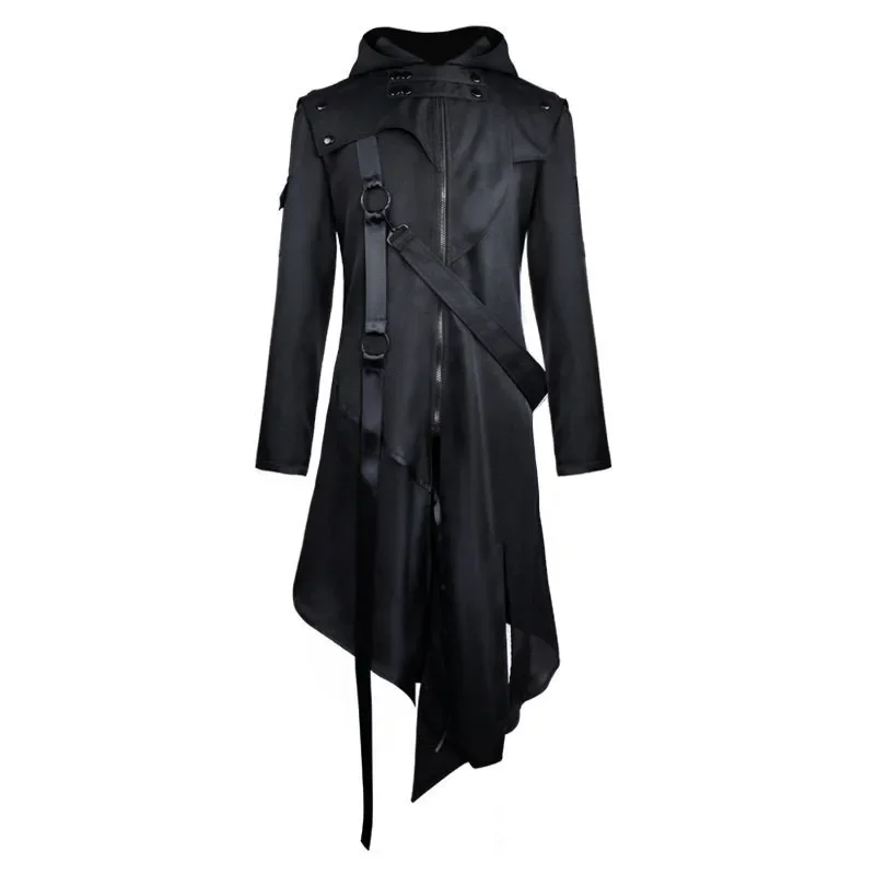 Medieval Costume Men Victorian Gothic Trench Coat Steampunk Long Black Jacket Hoodies Irregular Design Overcoat Uniform Cos