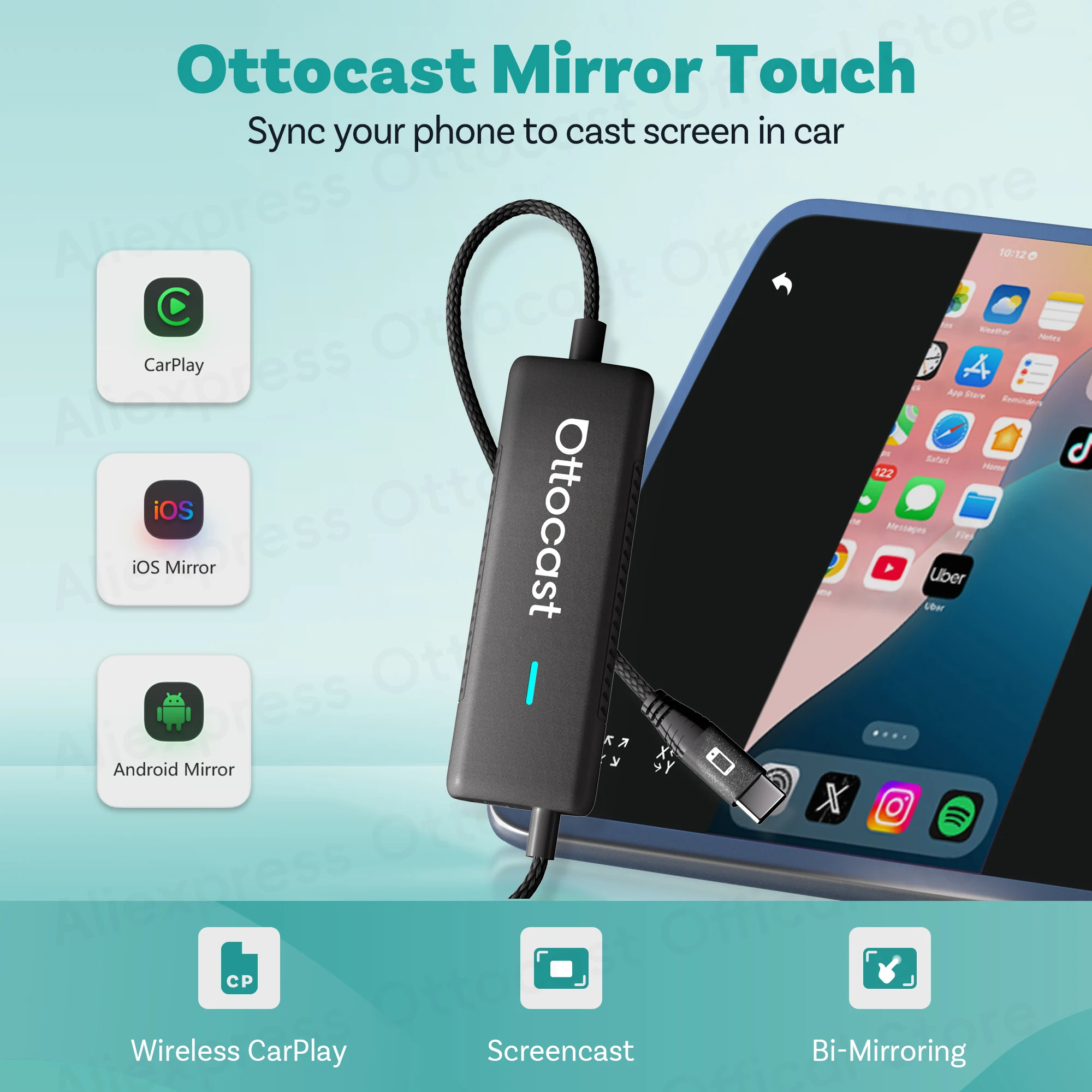 

Ottocast Mirror Touch Wireless CarPlay Adapter for Phone Screen Cast Bi-Mirroring for Phone with DP Protocol Car Accessorie 2025