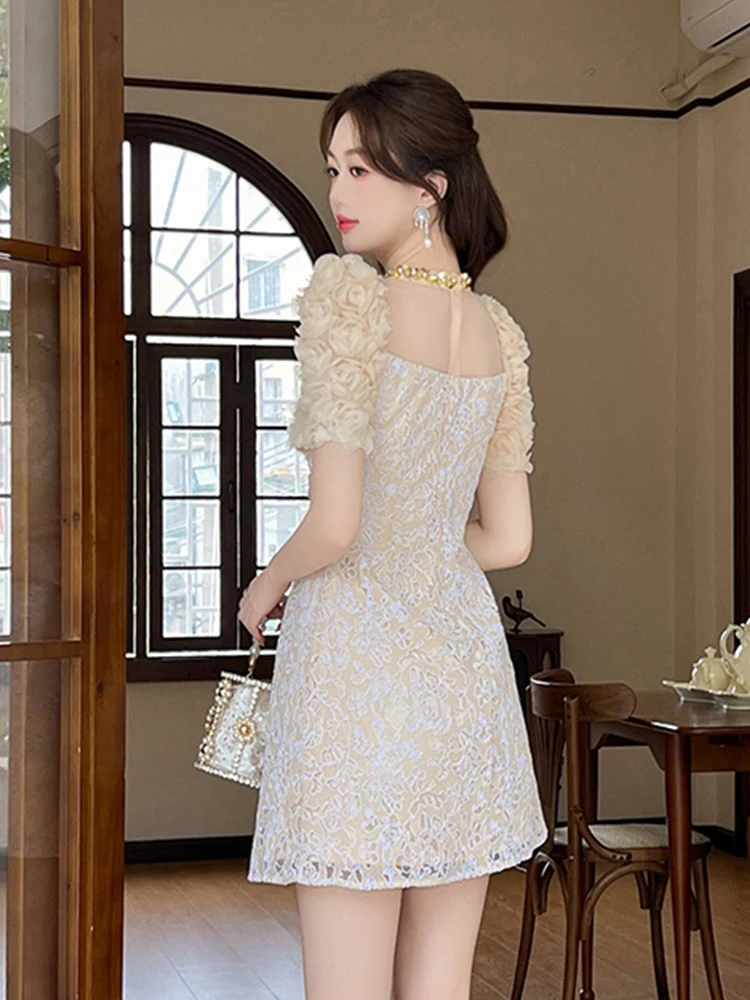 Summer Elegant Luxury Sweet Lace A-Line Dress Women Clothes Fashion Floral Puff Sleeve Slim Short Party Birthday Vestidos Fiesta