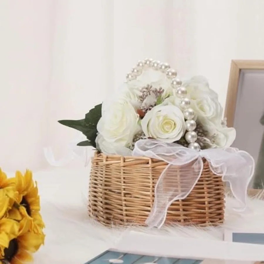 Wedding Flower Girl Basket with Pearl Handle Bow and Waterproof Lining for Outdoor Picnic Handwoven Cute Small Wicker Rattan Fa