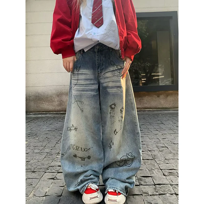 Blue Gothic Y2k Oversize Jeans Women's Harajuku Vintage Baggy Denim Trouser Japanese 2000s Style Boyfriend Jeans Pants Summer
