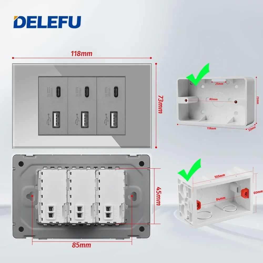 DELEFU 4*2 Black White Grey Tempered Glass Panel Complete All Charge Tpye-c USB Wall Socket 118*74mm 2.1A 5V Outlet USB Socket