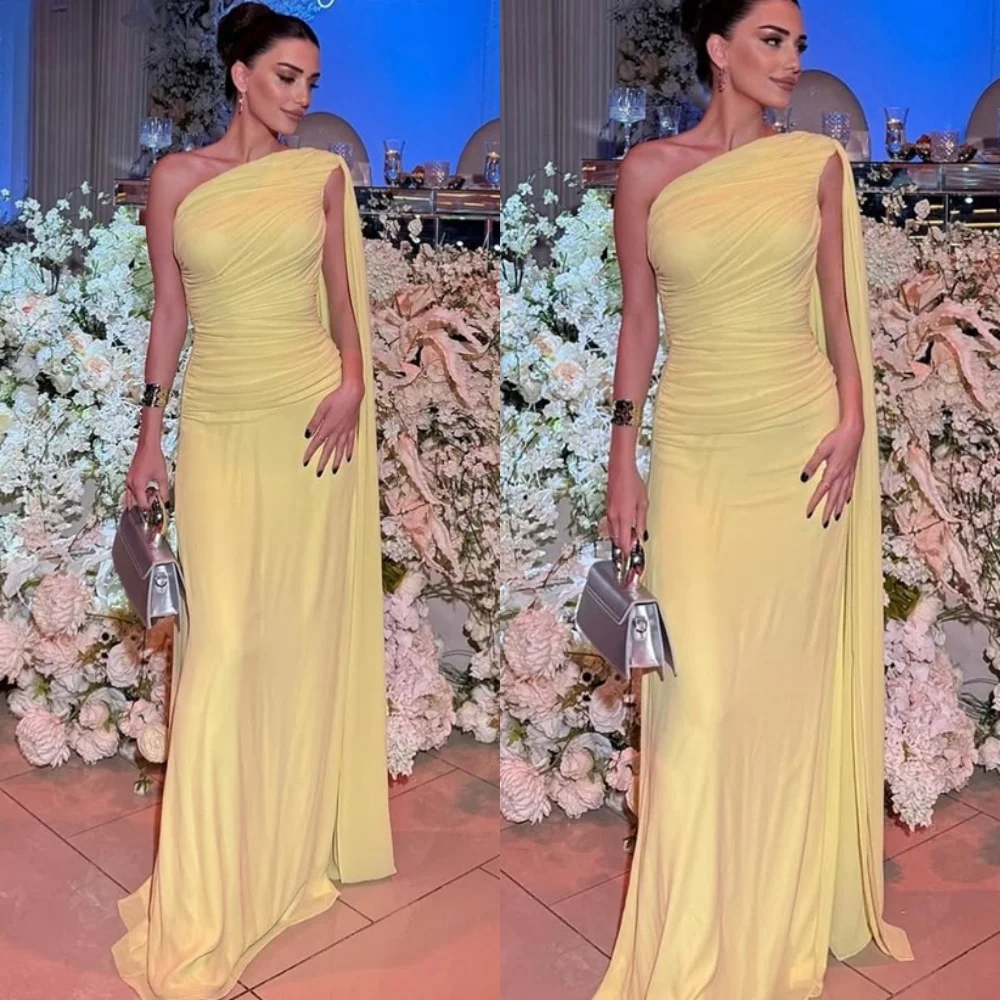 Customized Exquisite Yellow Chiffon Evening Dress High Quality One Shoulder Zipper Back Sweep Train Special Occasion Gowns
