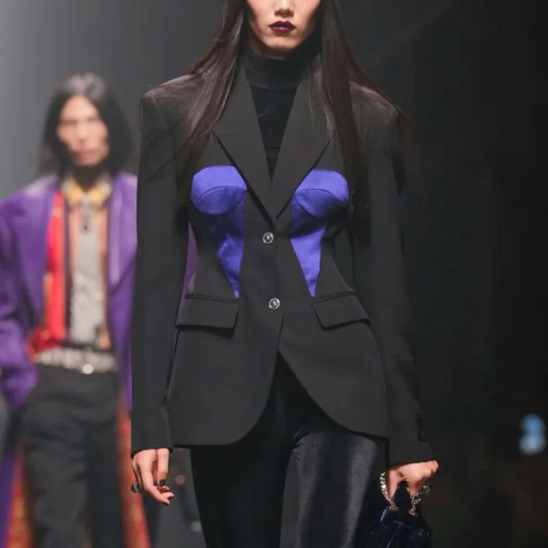 EDGLuLu Korean Fashion Turn-Down Collar Long Sleeve Suit Jacket Design Single-Breasted Purple Splice Black Blazer 0526