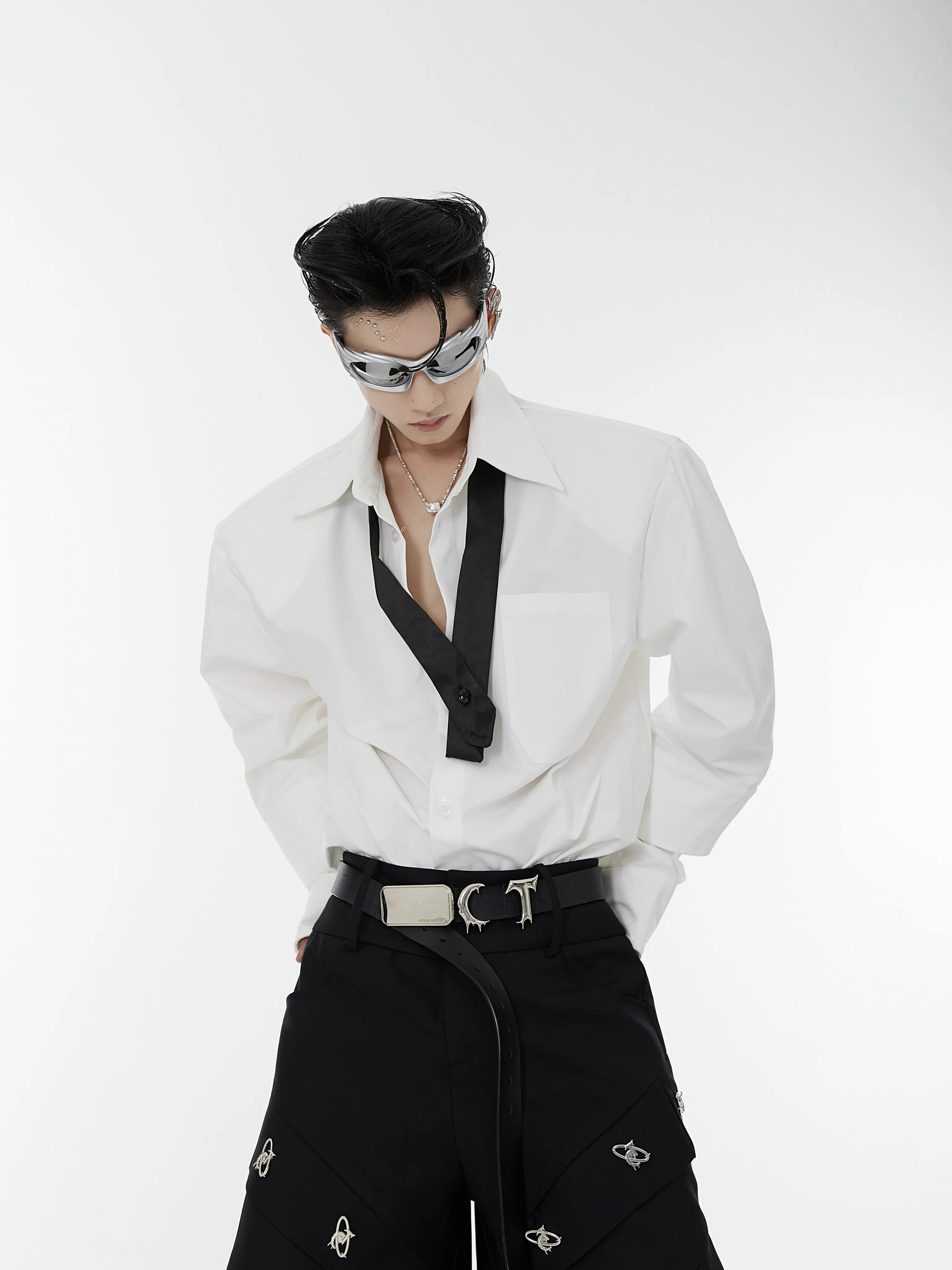 Men's Pure Color Shirt with Padded Shoulder Double Layer Cuff Design Cross Collar Tie Splicing Open Cardigan Loose Fit Cotton
