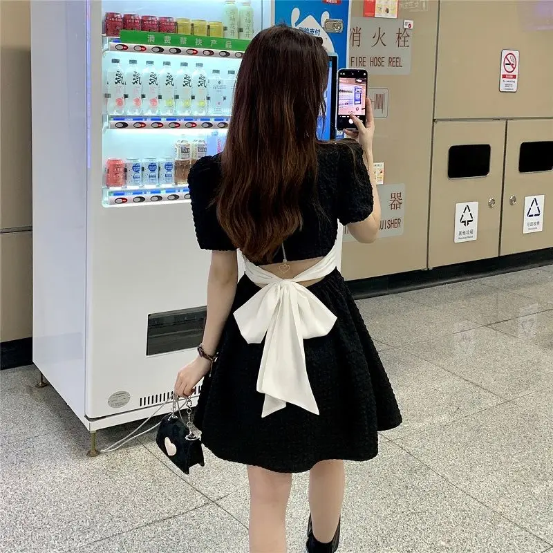 Puff Sleeve Backless Dress Women Sweet Tender Summer Ins Korean Style Temperament Square Collar Preppy Girlish Mini Minority Y2k