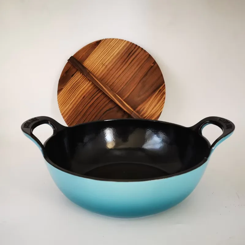 26cm Blue Enameled Cast Iron Flat Bottomed Wok Multifunction Cookware Pot