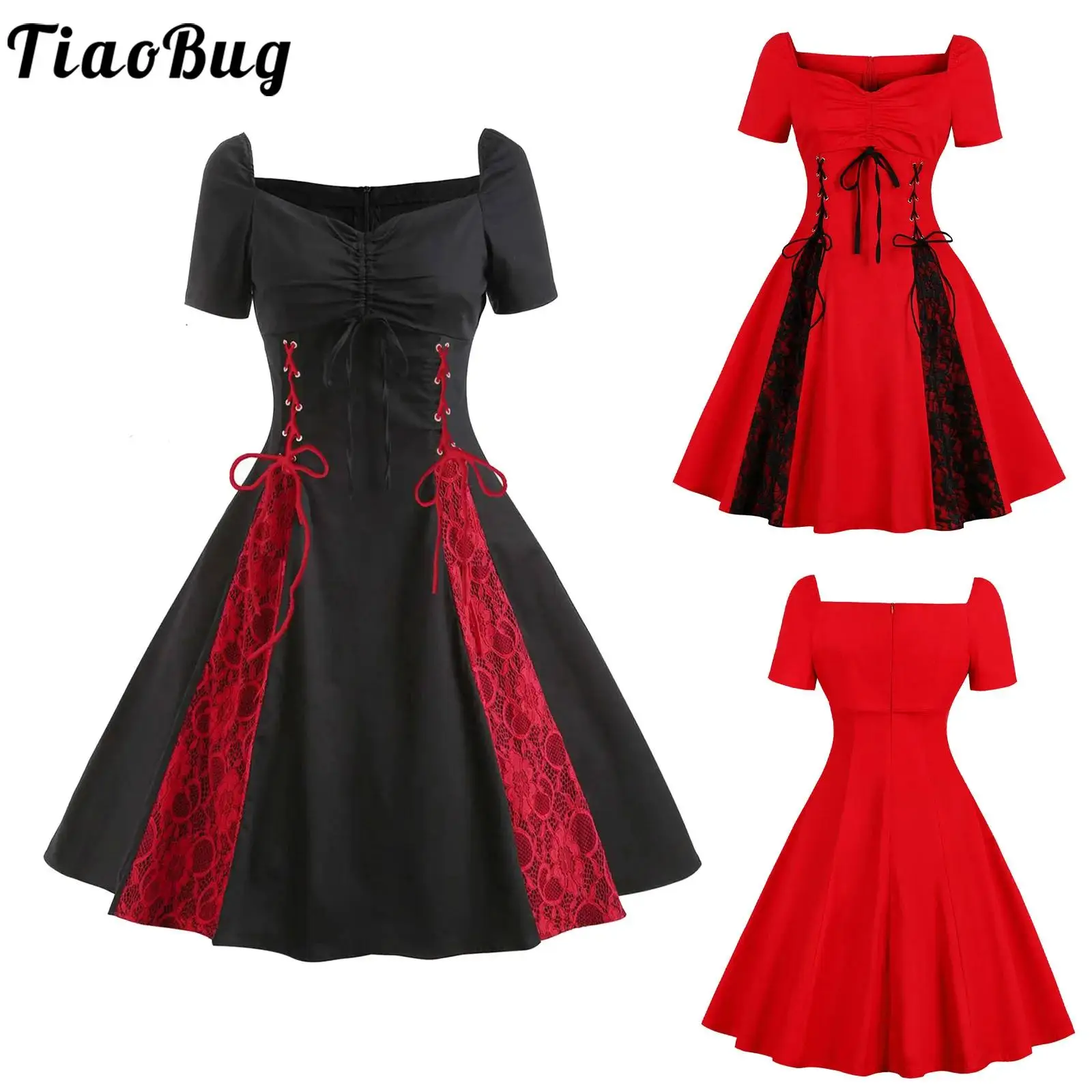 

Women Gothic Vintage A-line Dress Drawstring Side Lace-up Floral Lace Patchwork Short Sleeve Dress for 1920s Party Cocktails