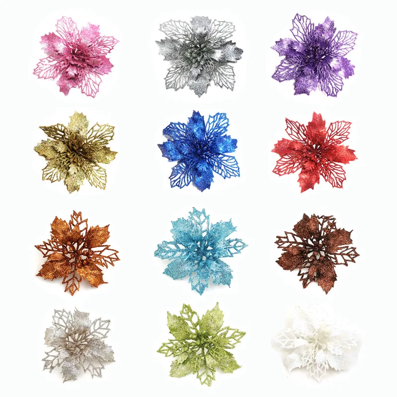 9cm Glitter Artifical Christmas Flowers Christmas Tree Wreath Decorations Fake Flowers Xmas Garland Ornaments New Year 2025