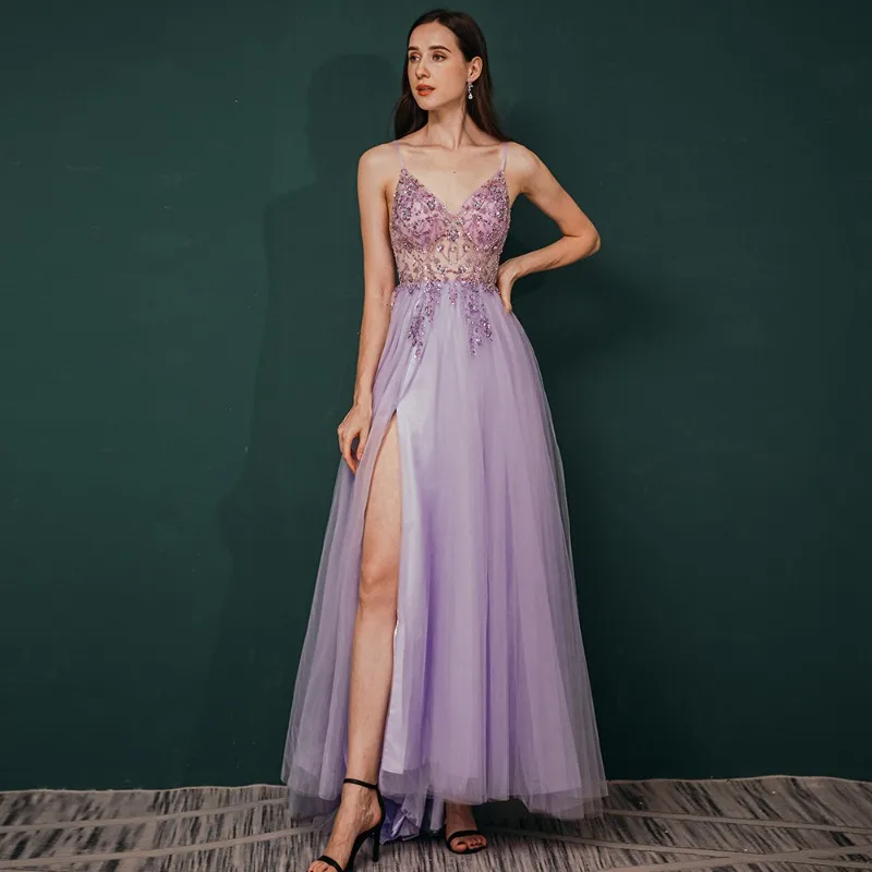 2025 Nuovo cinturino estivo lungo abito da ballo di cristallo con perline per l'industria pesante, abito da sera diviso con scollo a V in chiffon alla moda e sexy