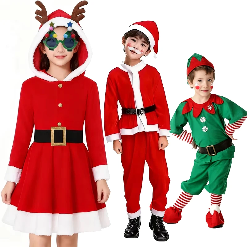New Year Kids Santa Claus Costume Girls Christmas Dress Hooded Costume Carnival Party Clothes Boys' and Girls' Christmas Outfits