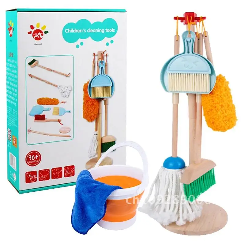 Children Playing Home Simulation Cleaning Set Early Tools Wooden Broom Sweeping Education Cleaning Mopping Toys