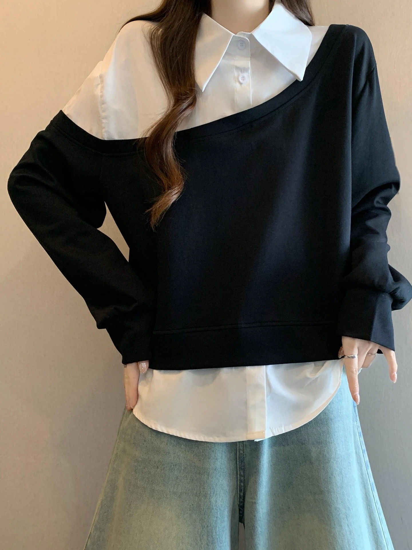 

Корейский свитшот с воротником-стойкой и имитацией двухслойности, женский, повседневный, весенний, больших размеров, с эффектом похудения, антивозрастной топ