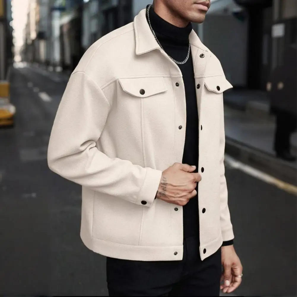 

Regular Style Men Jacket Stylish Men's Woolen Lapel Coat with Flap Pockets Long Sleeve Business Jacket for Autumn Winter Solid