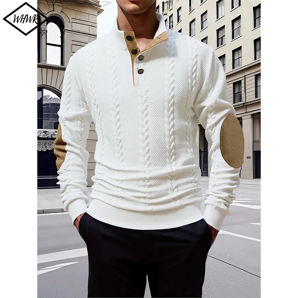 

Men’s Knitted Jacquard Sweaters Autumn Winter Button Stand-up Collar Long-Sleeved Sweatshirt Outdoor Casual Warm Pullover Tops