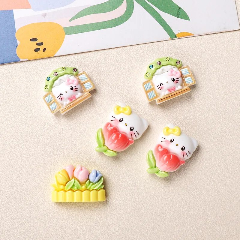 5pcs miniso cute hello kitty flower cartoon resin flatback cabochons for diy jewelry making handmade crafts materials