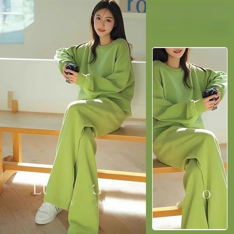

Girls' spring and summer versatile suits: Korean lazy wind, blue temperament, casual solid color sweatshirt, wide-leg pants