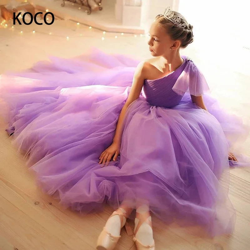 

JONANY Simple Flower Girl Dress One Shoulder Bow Belt Fluffy Cute Tulle Party Dress Birthday First Communion roupas de florista