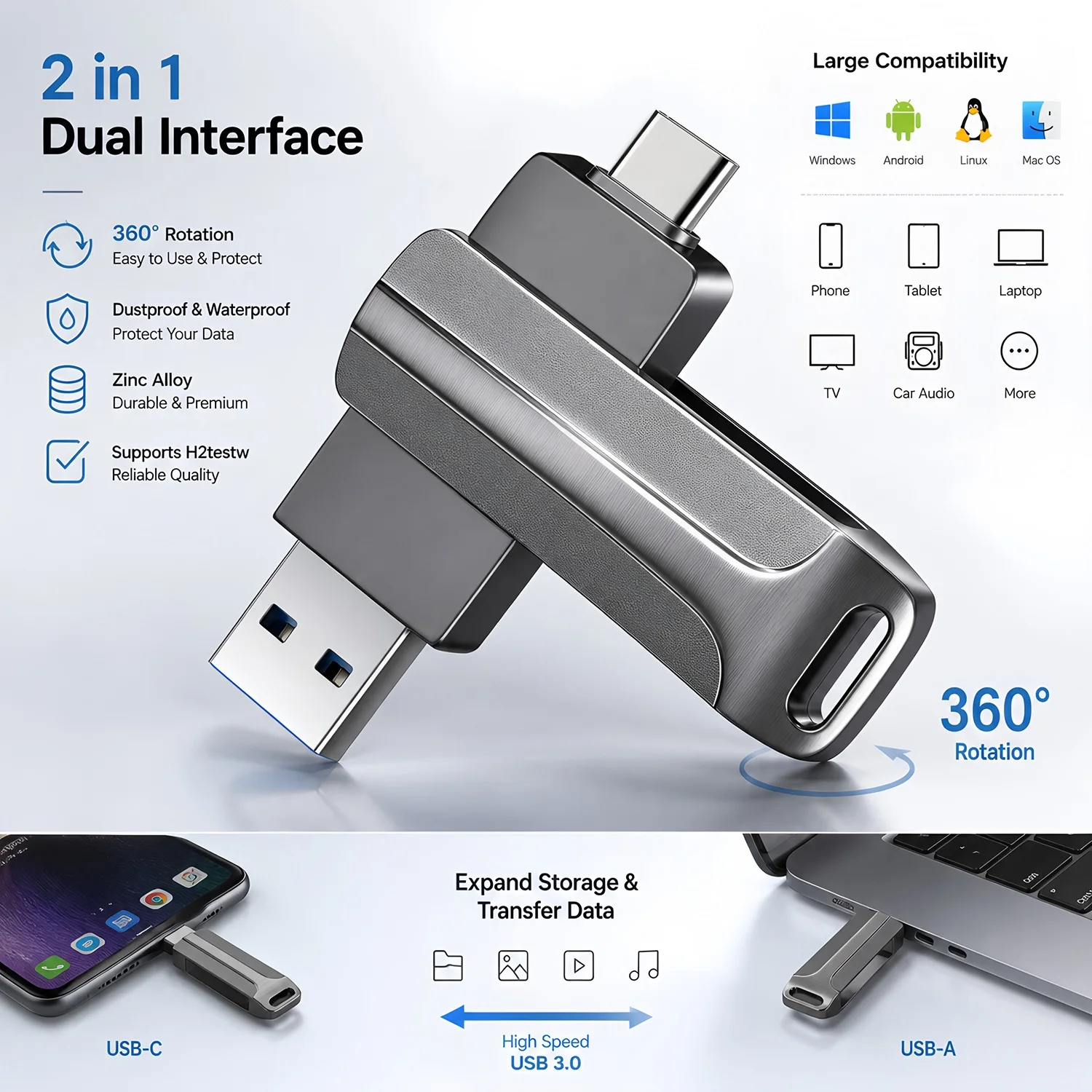 2 IN 1 Type-C USB 2.0 Flash Drive Metal Pendrive High Speed OTG USB Memory Stick 8/16/3/64/128GB Portable Gift Storage Pen Drive