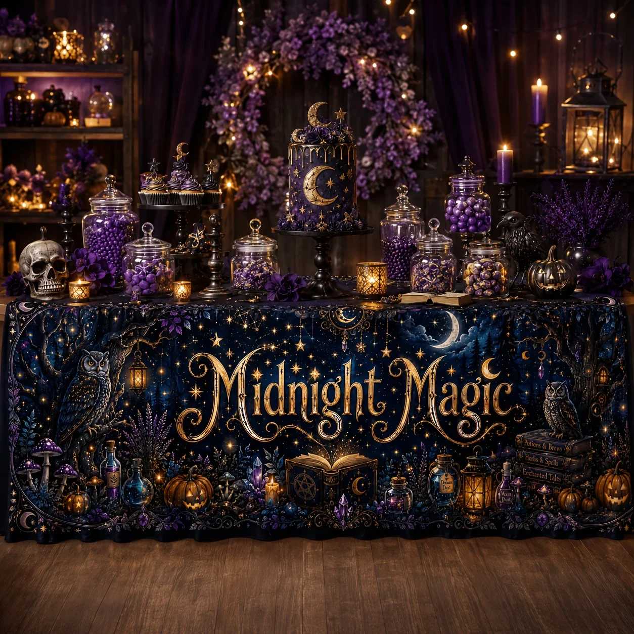 Party table skirt 1 piece. Midnight Beauty. Halloween print. Polyester table skirt. Suitable for mysterious and scary partiesxzj