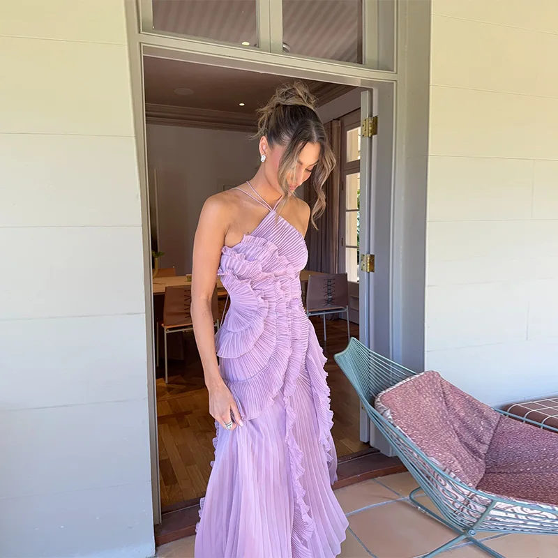 Verano temperamento plisado cuello halter vestido largo de vacaciones de alta calidad púrpura sin tirantes 2025 NUEVO club ropa Vestidos