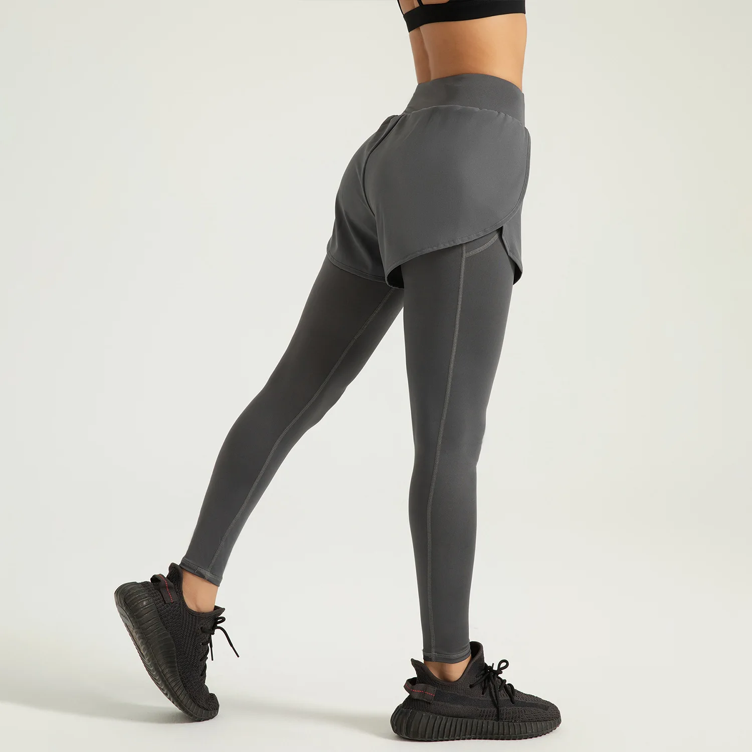 가짜 투피스 요가 팬츠 여성용 하이웨이스트 뱃살 보정 힙업 운동 레깅스 포켓 포함 신축성 있는 스포츠 카프리