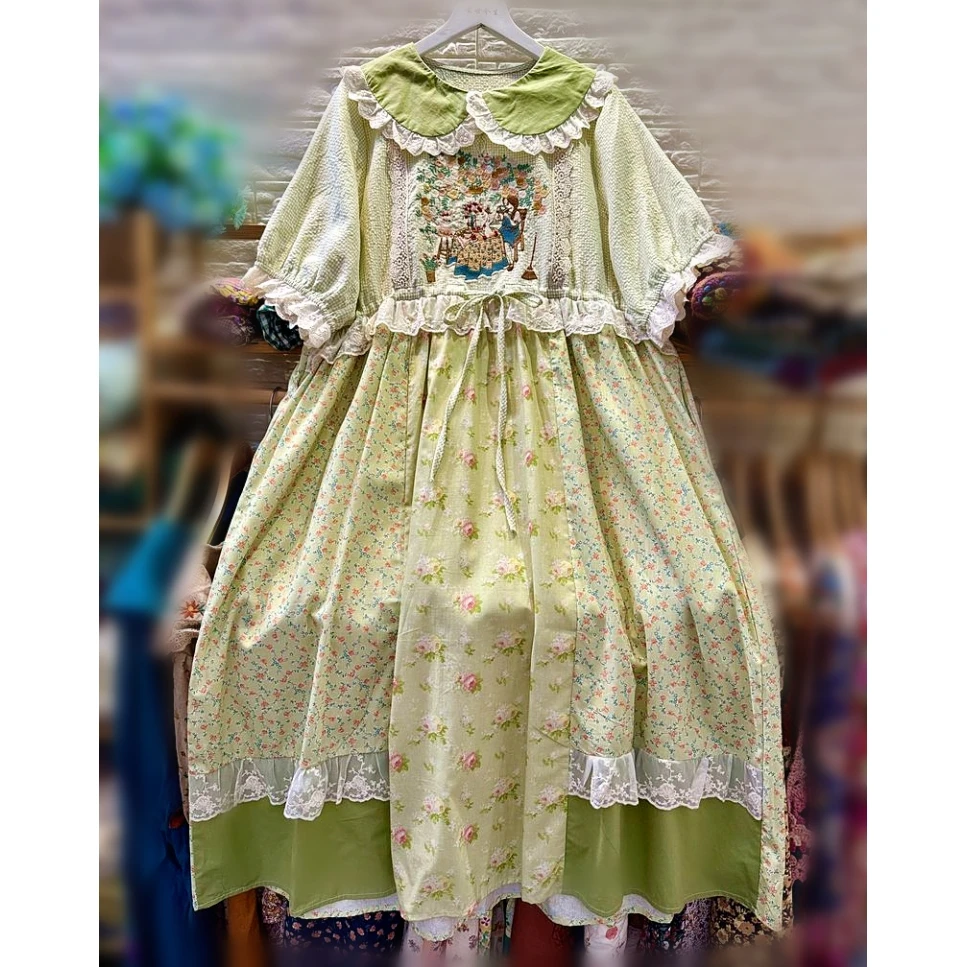 

Summer Women Sweet Cotton Ruffled Lace Patchwork Long Midi Dress Vintage Kawaii Japanese Mori Girl Harajuku Green Tunic Dress