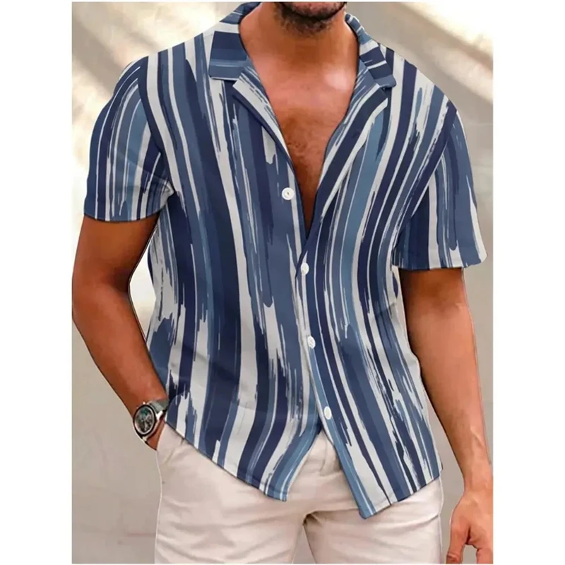 

New Men's Hawaiian Shirts Fashion Stripes Print Short-sleeved Beach Shirts Summer Turn-down Collar Button Casual Aloha Shirt