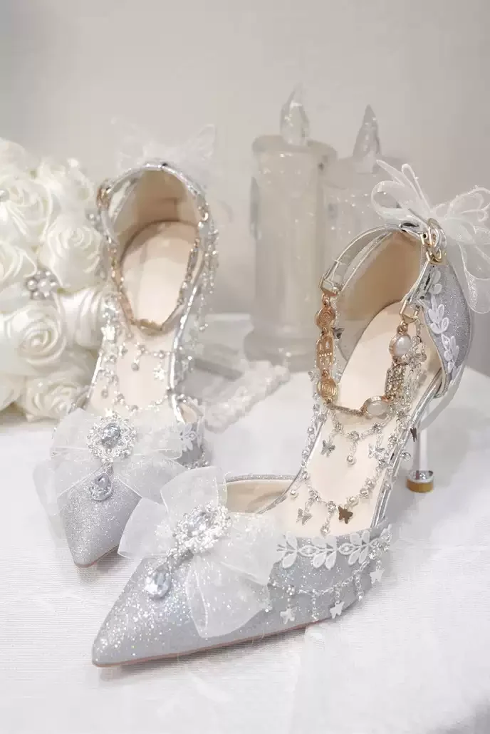Silver Glitter Wedding Bridal High Heels Women Pointed Toe Bow Rhinestone Pearl Ankle Strap Stiletto Elegant Party Banquet Prom view 6