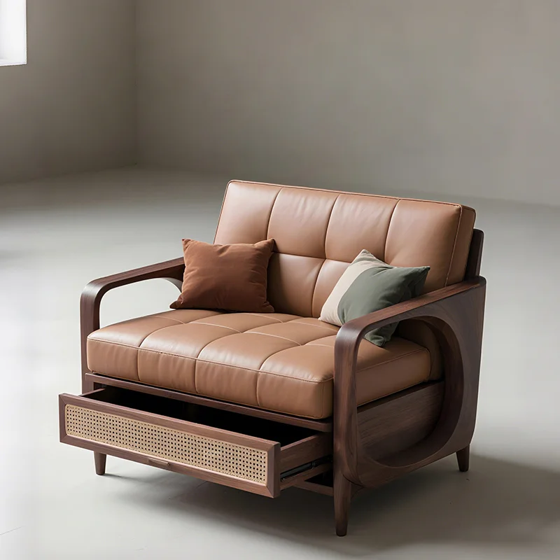 

Medieval solid wood sofa chair high-end black walnut lazy chair living room club home reception leather leisure