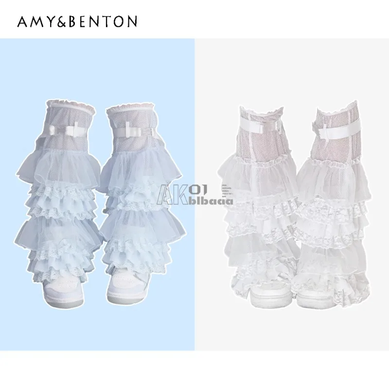 Japanese Subculture Mine Series Water Color Heavy Industry Multi-layer Lace Mesh Lace-up Leg Warmer Gothic Lolita Legwarmers