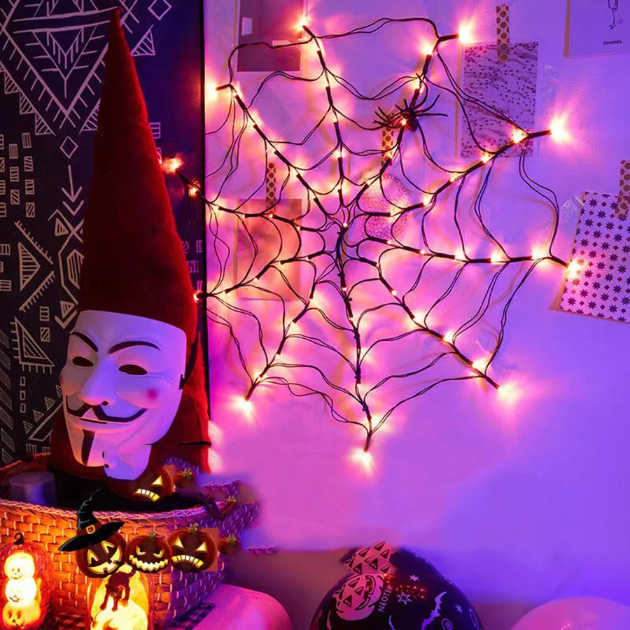 Halloween Decorations Spider Web Lights 70LED Indoor Outdoor Orange Purple Spider Web Lights Haunted House Net Mesh Light