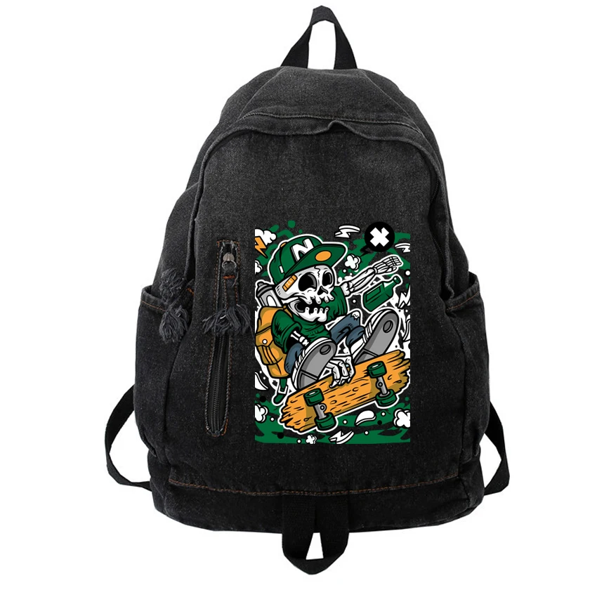 Personalized Washed Denim Knapsack Funny Monsters Skull Skateboard Printed Women's Men Unisex Hip Hop Harajuku Denim Backpack